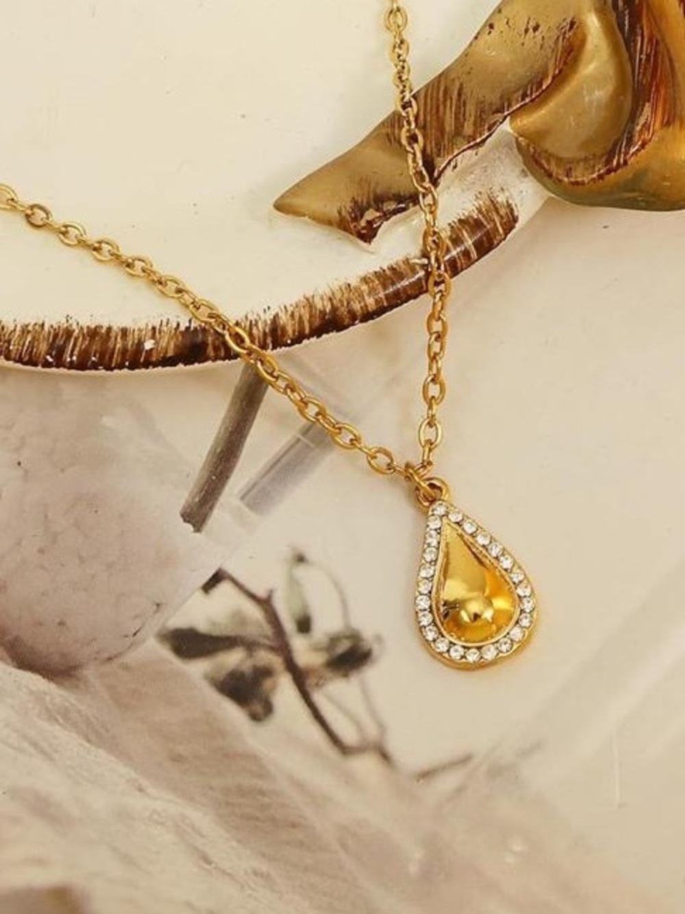Anthropologie Gold Teardrop Pendant Necklace with Crystal Halo
